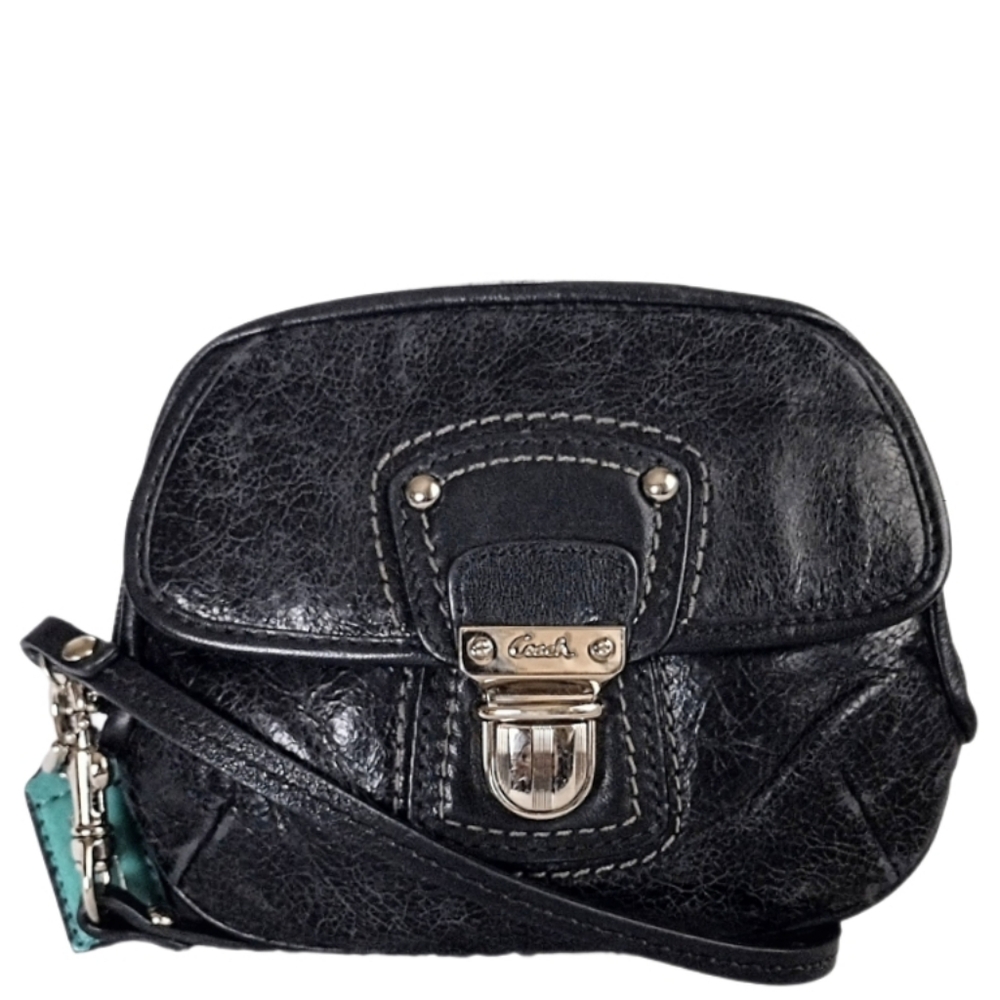 🖤 Coach Poppy Black Polished Leather Mini Bag Legacy Push Lock Wristlet Pouch - Picture 3 of 12